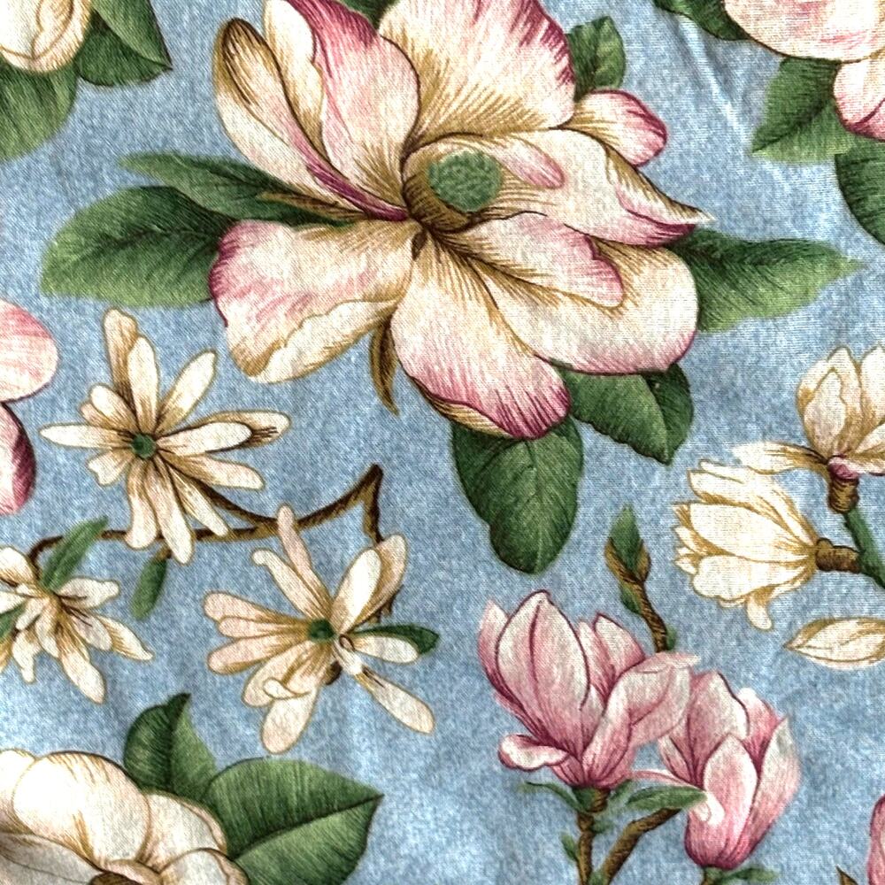Blue & pink magnolia flowers tablecloth with greenery farmhouse cottage cabin